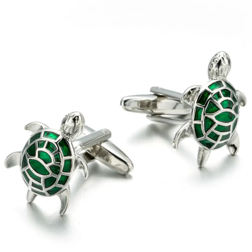 Modern Style Green Enamelled Sea Turtle Animal Copper Cuff links Cufflinks For Men