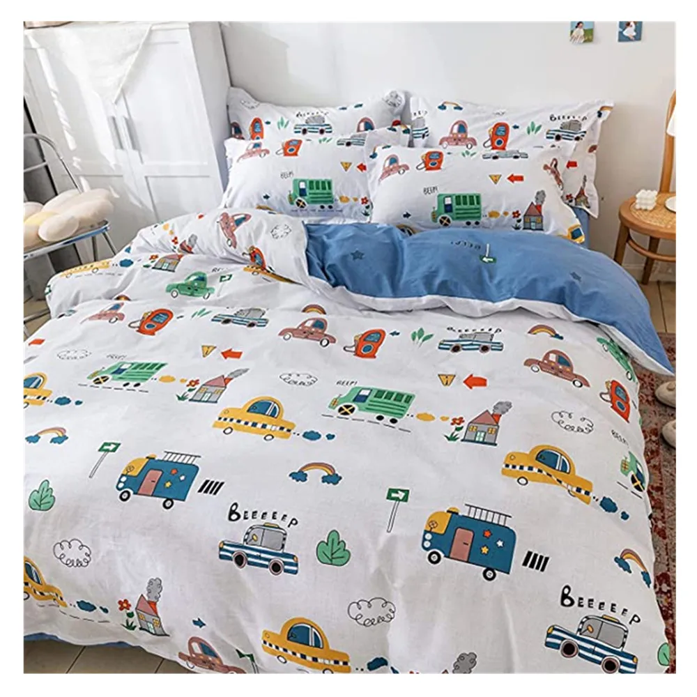 Cartoon Printed 100 Cotton Kids Duvet Cover Set with Fitted Sheet Twin Size 4 Pieces Bedding Set for Children