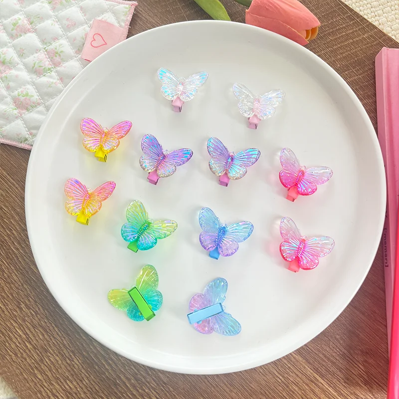 Spring and summer transparent gradient resin butterfly hairpin children's cute versatilepersonalized hairpin ribbongrosgrain