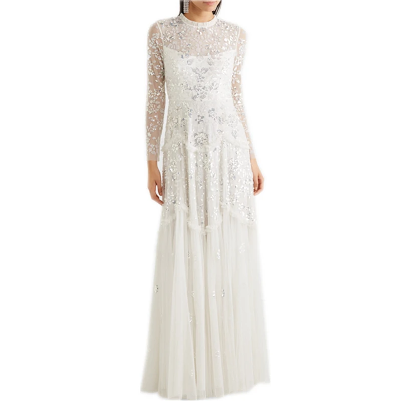 OEM White Wedding Dress Bridal Fashion Ruffled sequin-embellished tulle Gown Elegant Evening Dress