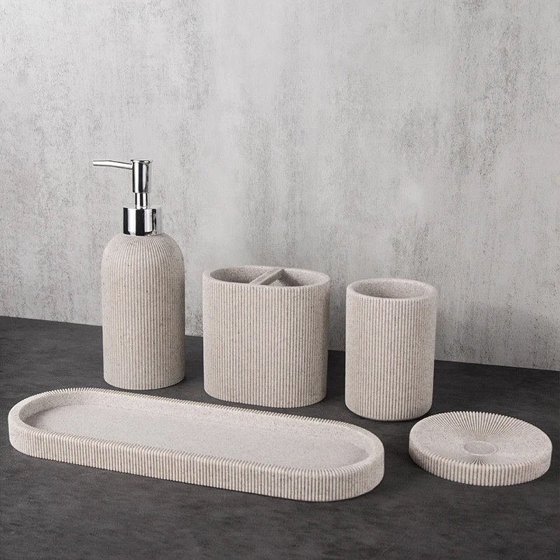 Custom cheap 5 piece sandstone poly resin bathroom soap dispenser set with tray