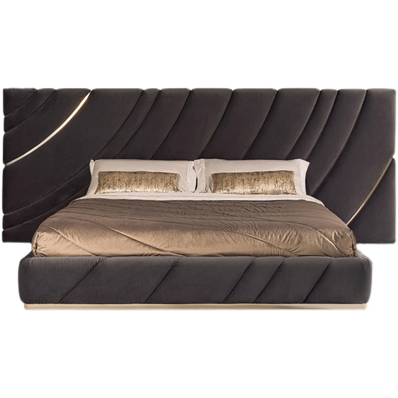 Итальянские современные новейшие дизайнерские кровати из мягкой кожи, размер King, 1,8 м, комплект двуспальной кровати, одеяло, мебель из искусственной кожи, Золотая легкая Роскошная спальня