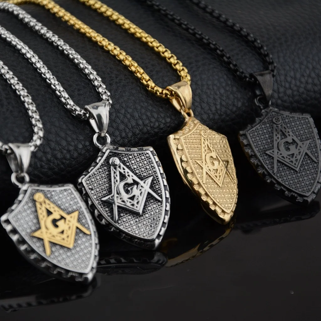Stainless Steel Custom Jewelry Shield Two Tone AG Masonic Freemason Pendant Necklace for Men