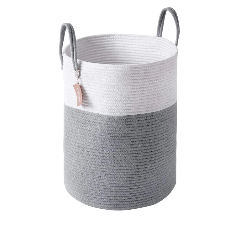 Wholesale 75L  cotton fabric  jute yellow foldable cotton rope laundry storage basket for kids room with elegant handle