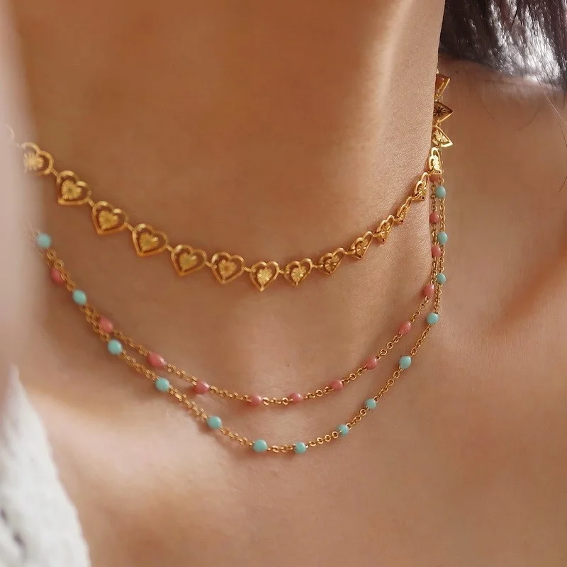 Summer Stainless Steel Linked Hollow Love Heart Necklace 18K Gold Plated Colorful Enamel Choker Necklace Women Vintage Jewelry