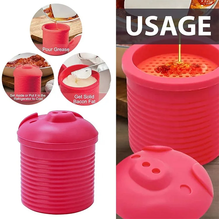 ODM&OEM 4.5&3.25&3.25 inch 5.3 ounces Red Pig-Shaped Bacon Grease Leacher Contenedor Silicone Container Family Kitchen Tools