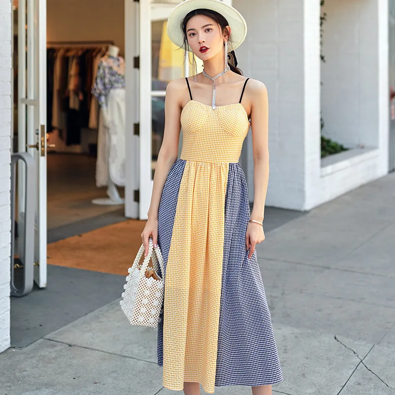 Sexy off-shoulder checked skirt 2024 New Korean style fashion mix colours dress women