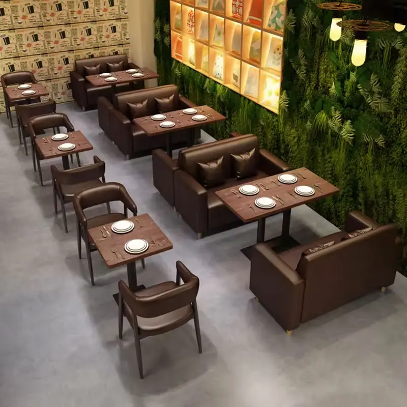 Vintage Simple Restaurant Tables And Chairs 4 Seater Dining Set Snack Shop Booth Sofa