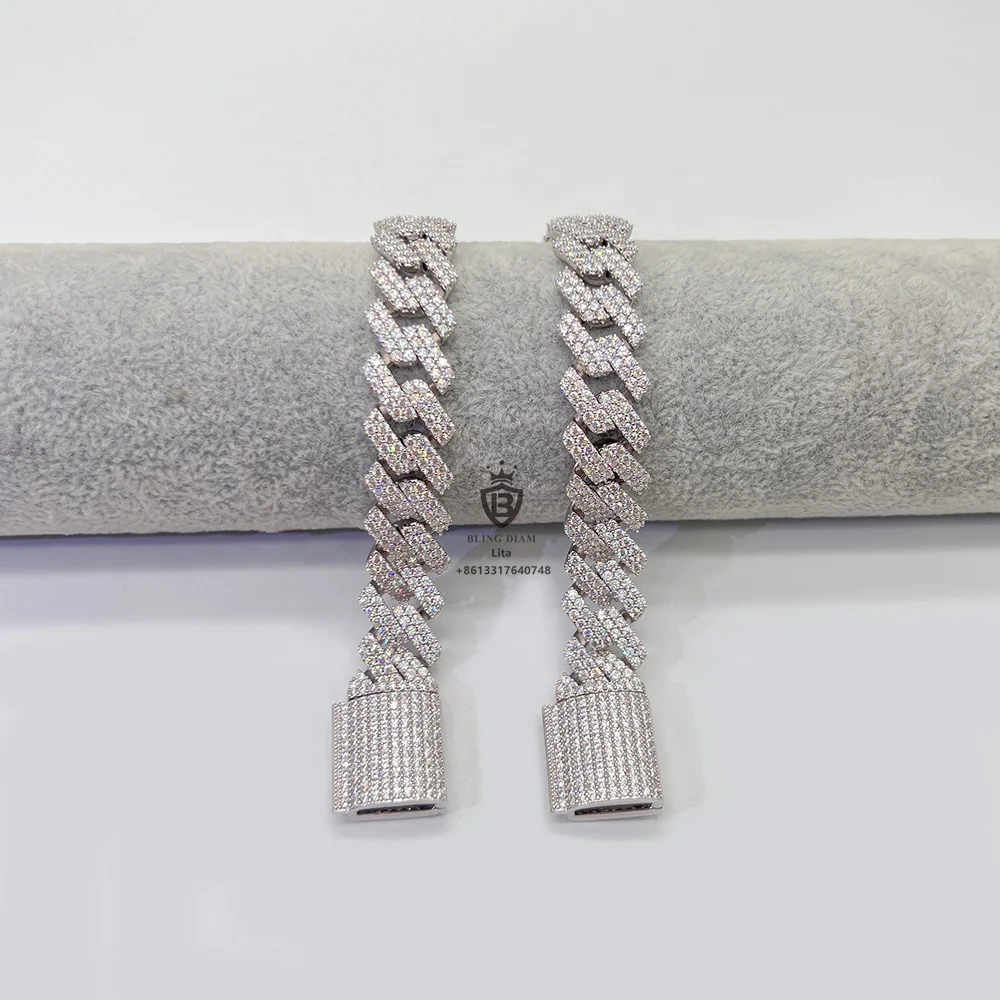 Popular design custom clasp gra certificate moissanite diamond 15mm cuban link sterling silver hip hop bracelets for mens