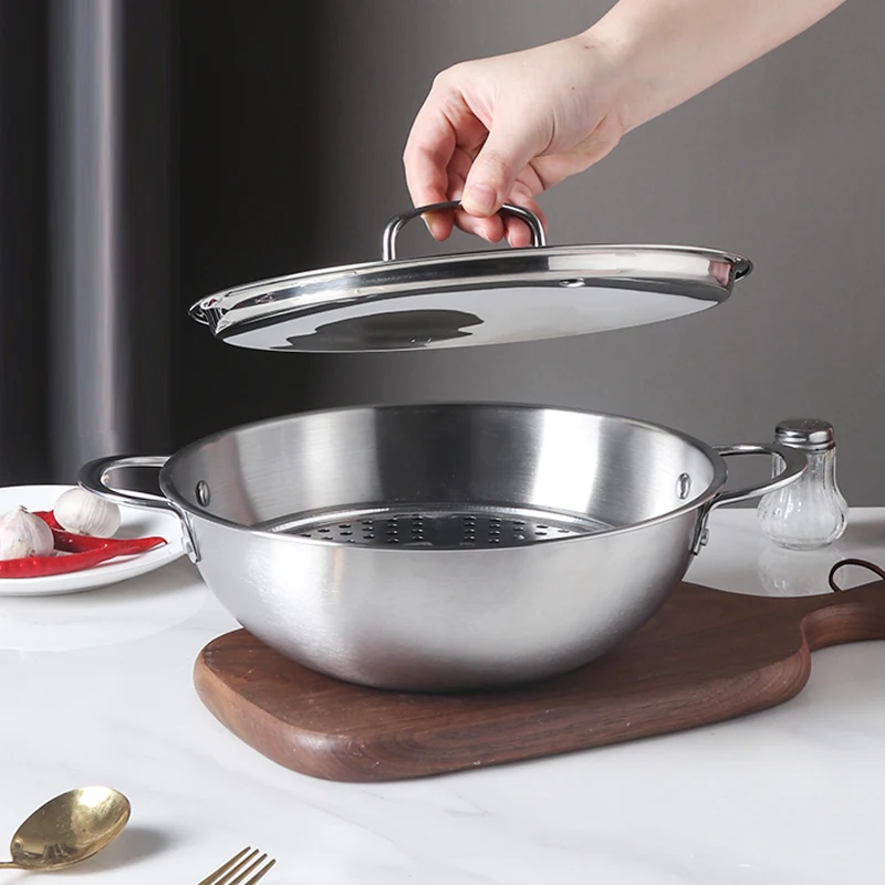 Korean style customized cookware cooker pot stainless steel stir fry pans steamer frying cooking woks pan in guangdong