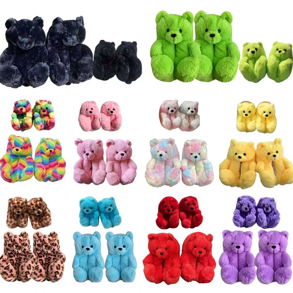 Drop Shipping 21 Colors Kids Fur Slides One Size Mommy And Me Furry Bear Shoes Plush House Teddy Bear Slippers Fluffy Slippers