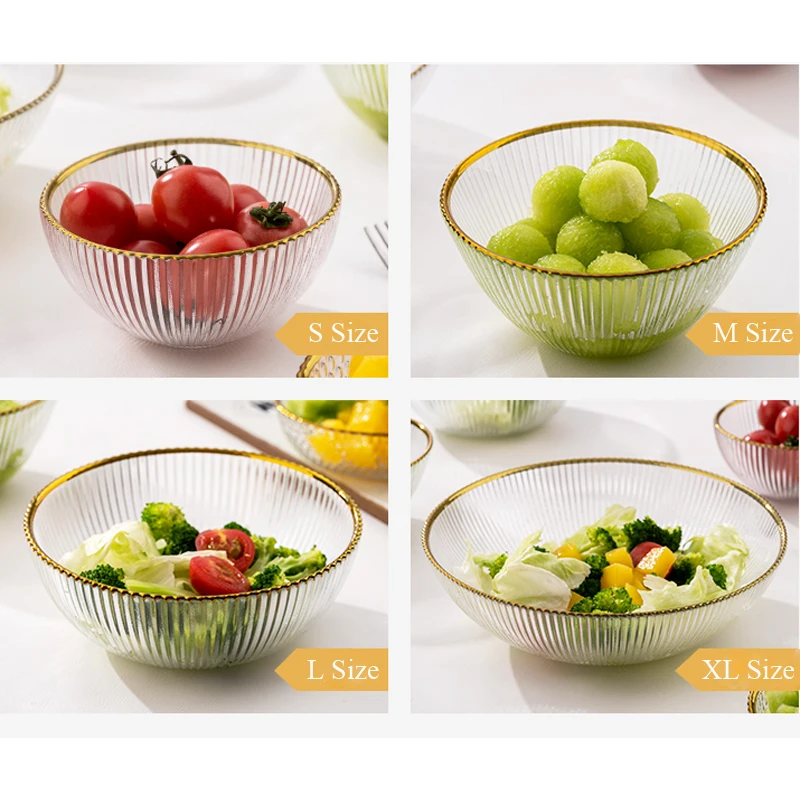Wholesale European Popular Round Glass Bowl Set Vertical Stripped Bowl with Gold Rim for fruit dessert salad noodles
