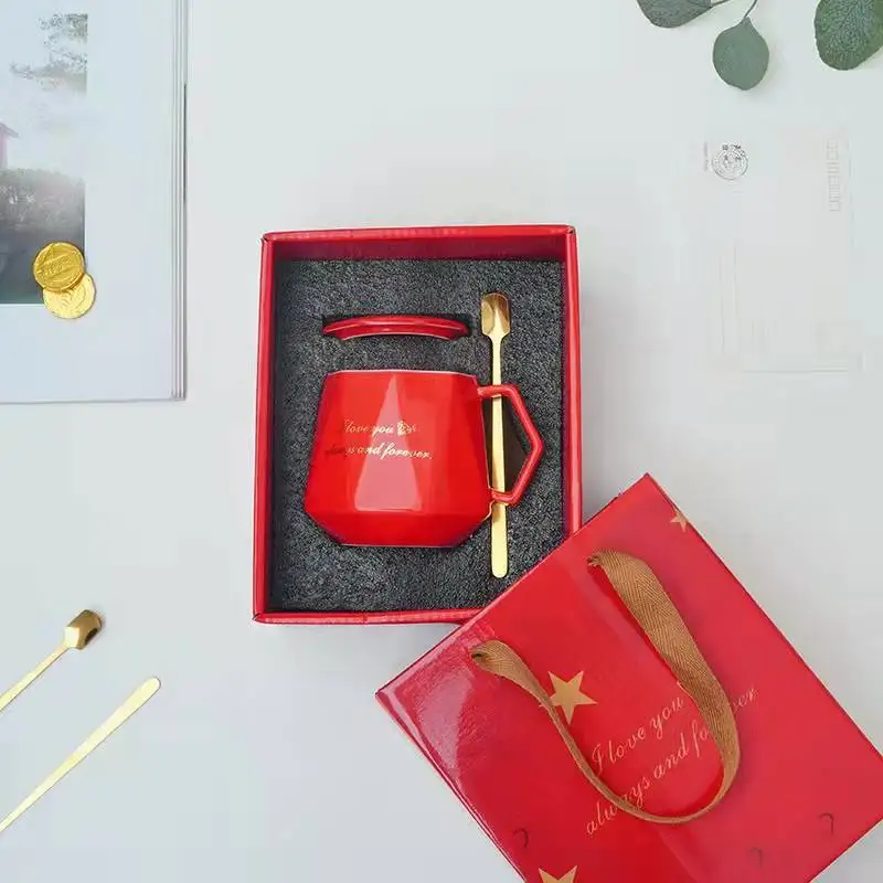 Creative ceramic mugs coffee mugs with handle and lid diamond-shaped porcelain mugs with gift box