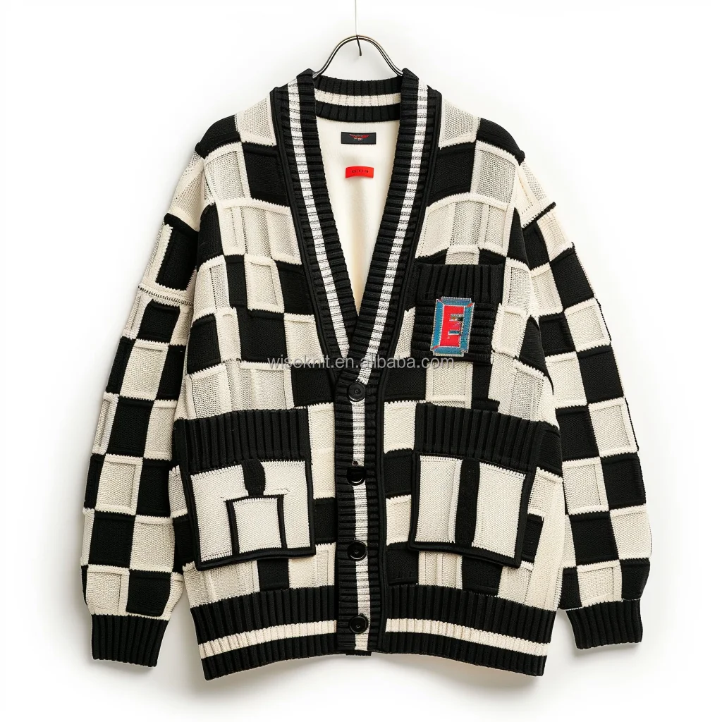 Oversized Knit y2k button striped pattern raw edge V neck Jacket Cotton Cardigan for Office Ladies Lady Womens