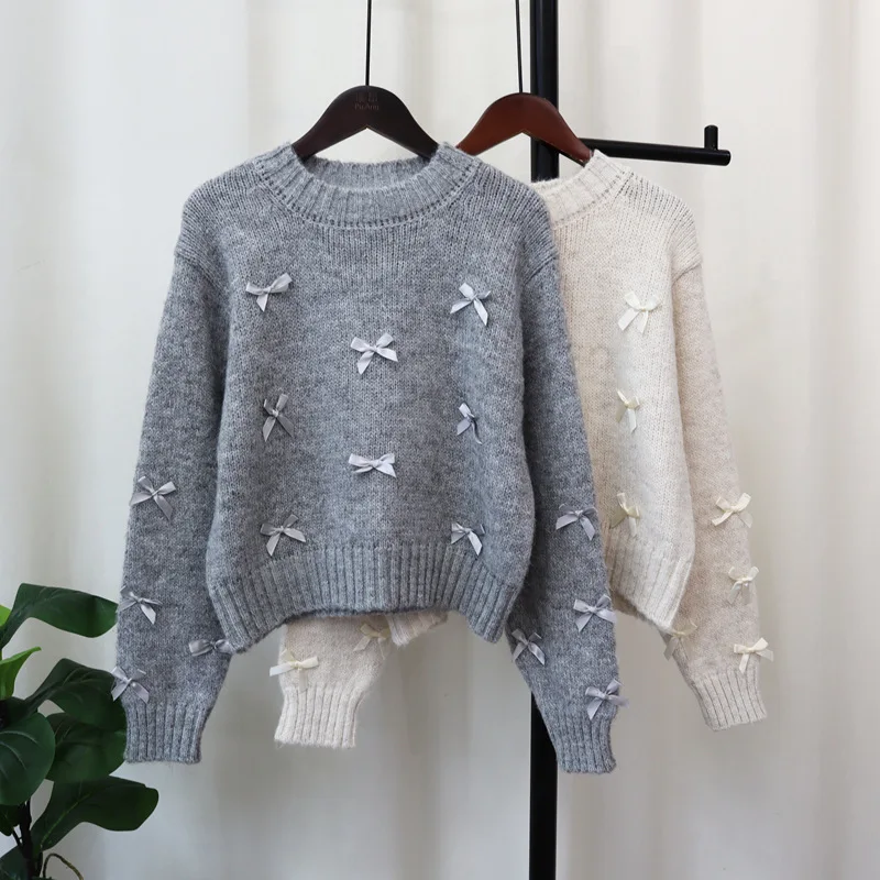2024 Autumn Winter Fashion Bow Decoration Knitted Round Neck Sweater For Women Cute Soft Sweet Long Sleeve Warm Pullover