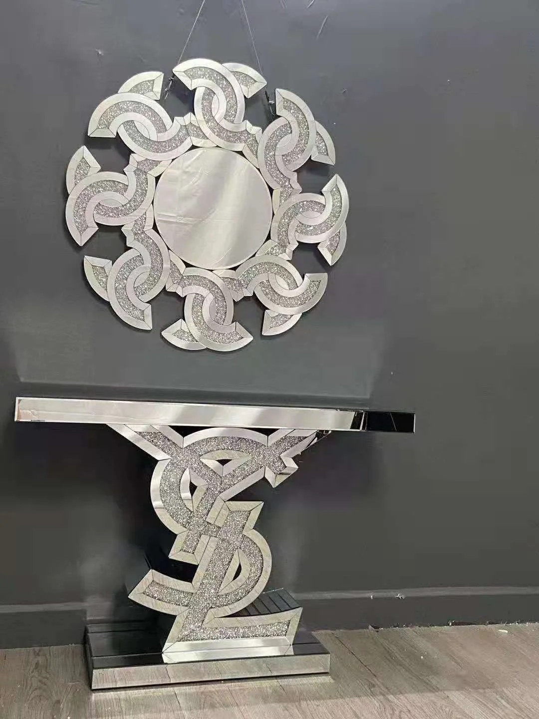 Vintage Round Mirrored Wall Art Mirror With Modern Sideboard Cabinet Sideboards Buffet Cabinets Storage Sideboard