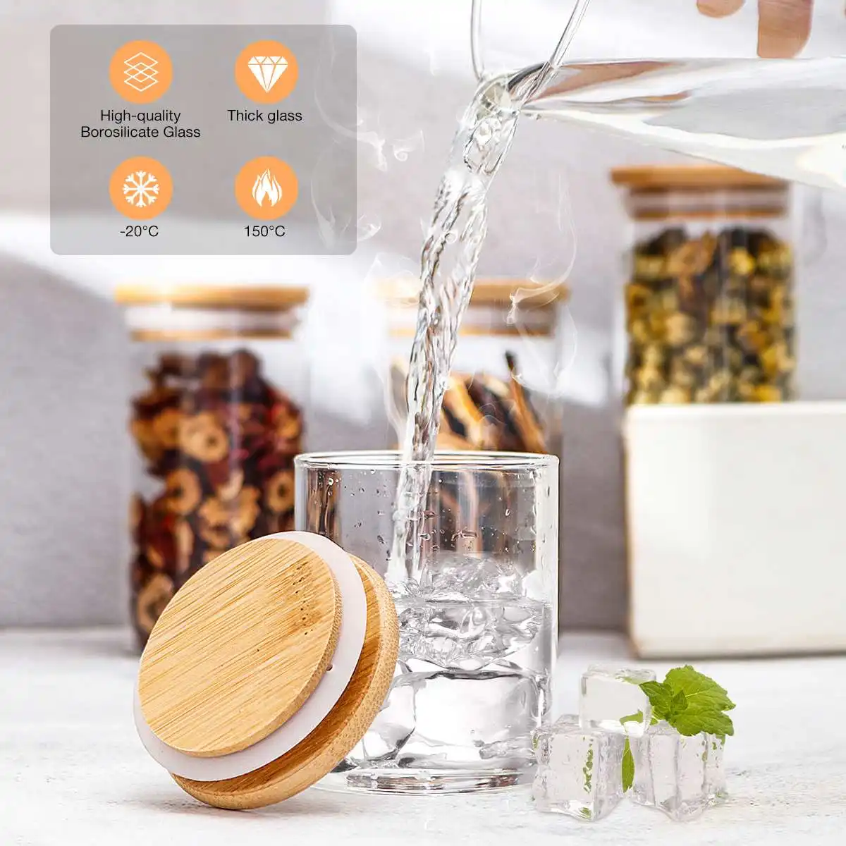 10Pcs/Set Kitchen Spice Jar Set Glass Sealed Spice Jars With Bamboo Lids Set For Coffee Beans Grains