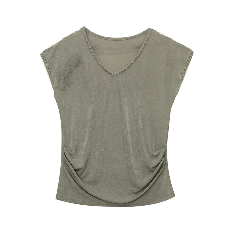 MadBlack European Clothes Tshirt Women Sexy V Necks Ruched Slim Tops Short Sleeve Bottoming Tees Summer New Hand Made T37535QM