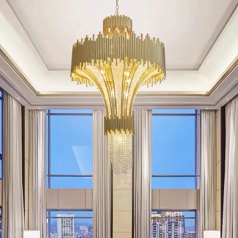 Restaurant Hotel Project Crystal Scala Chandelier Villa Long Hanging Lighting Large Ceiling Lamp Unique Designs Pendant Lamps