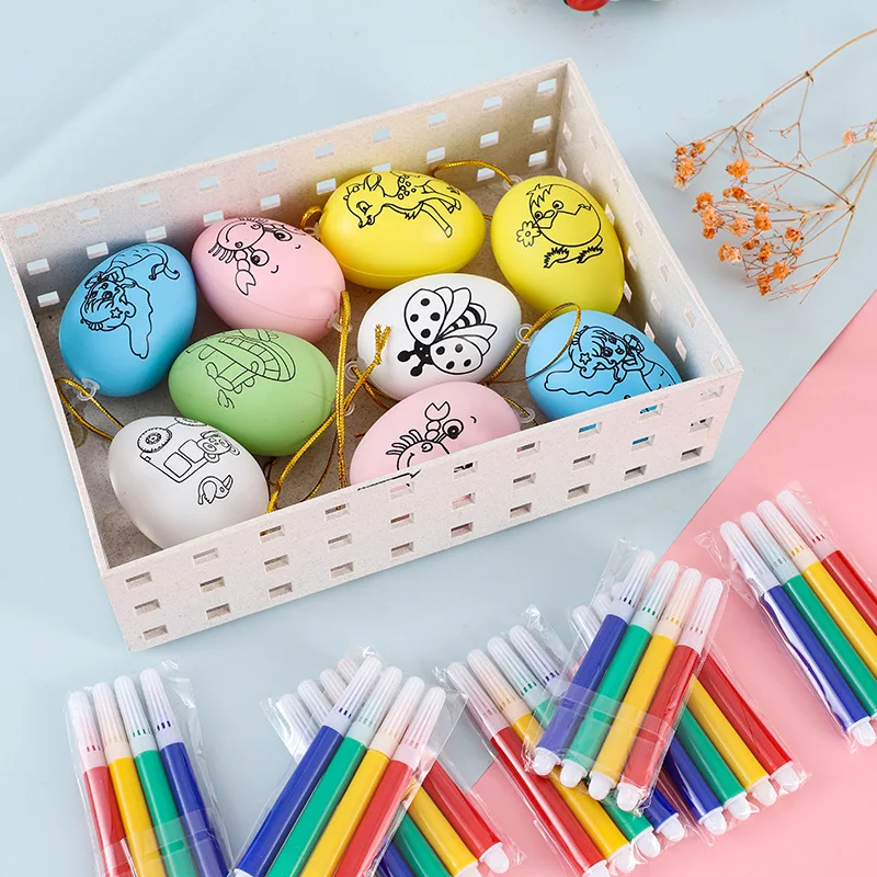 Kids Toys Assorted Colors Diy Cartoon Painting Plastic Easter Eggs Kit For Easter Party Decoration Supplies