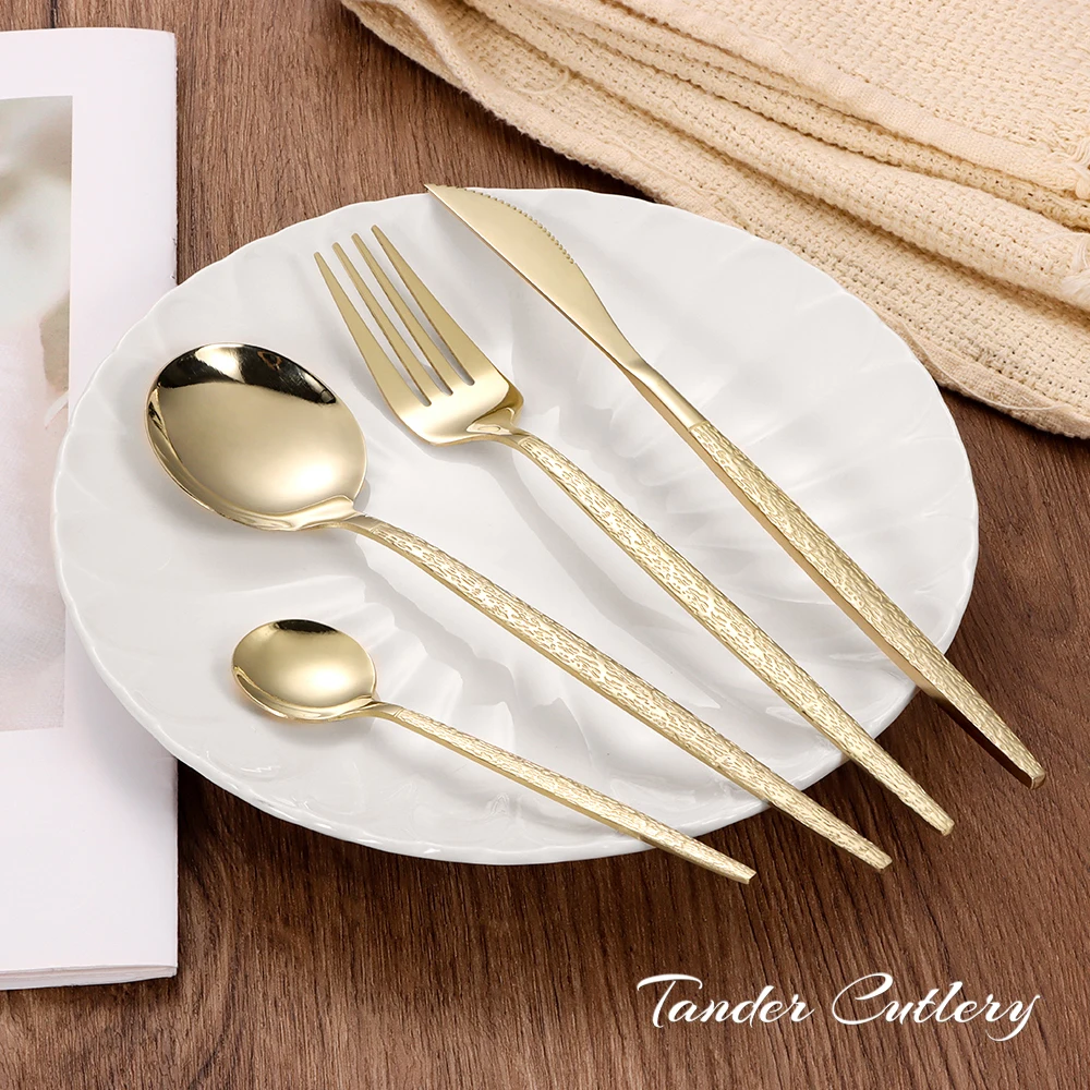 New design portuguese hammered handle tableware knife fork and spoon stainless steel gold mirror silverware cutlery set
