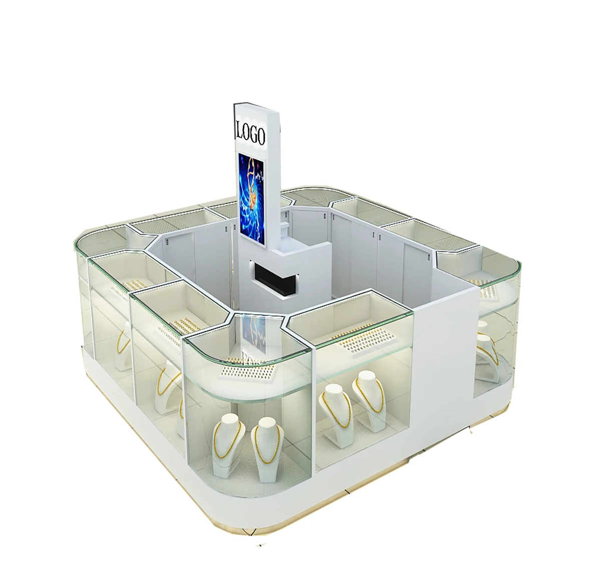 Shopping mall retail jewelry display counter high strength clear glass jewelry kiosk factory design production direct sale