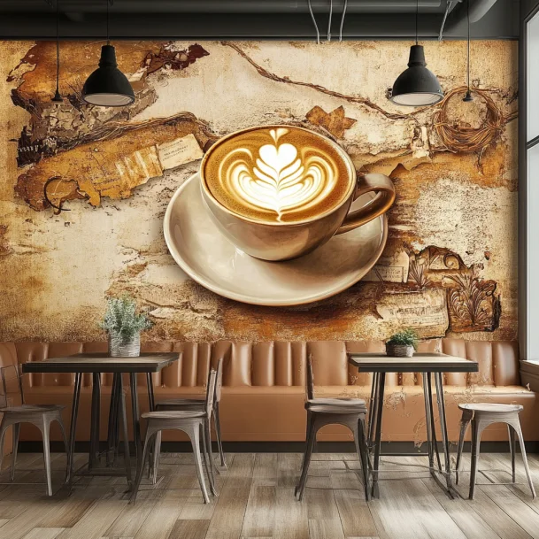 Customizable 3d wallpaper coffee shop interiors design wall paper drawing coffee decoration for restaurant and cafe