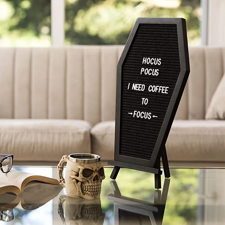 Black Felt Coffin Letter  Message Board for Halloween Decorations 17x10.5, 500 White Changeable Characters, Wooden Stand