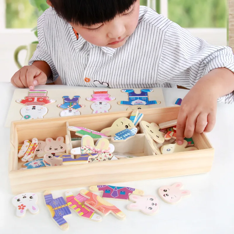 Wooden educational dress up teddy bear matching puzzle game four bears jigsaw puzzles dress up & pretend play funny toy