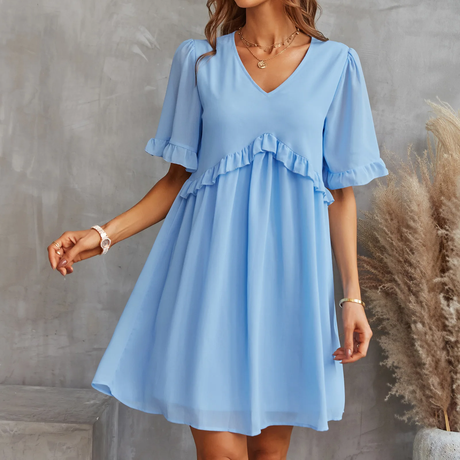 New arrivals V neck solid colour short sleeve chiffon turkey dresses women casual summer dresses for girls