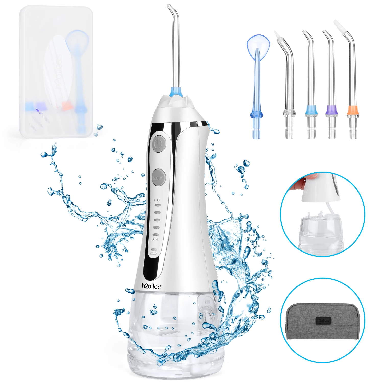 H2ofloss Portable Dental Oral Irrigator 5 Modes Water Flosser 300mL Water Jet IPX7 Waterproof Electric Power Source