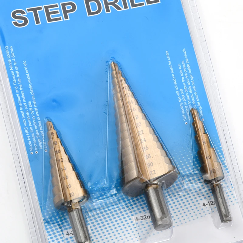 High Quality 3PCS High Speed Steel HSS Titanium Coated 3pc ipower Step Drill Bits Set Box pack