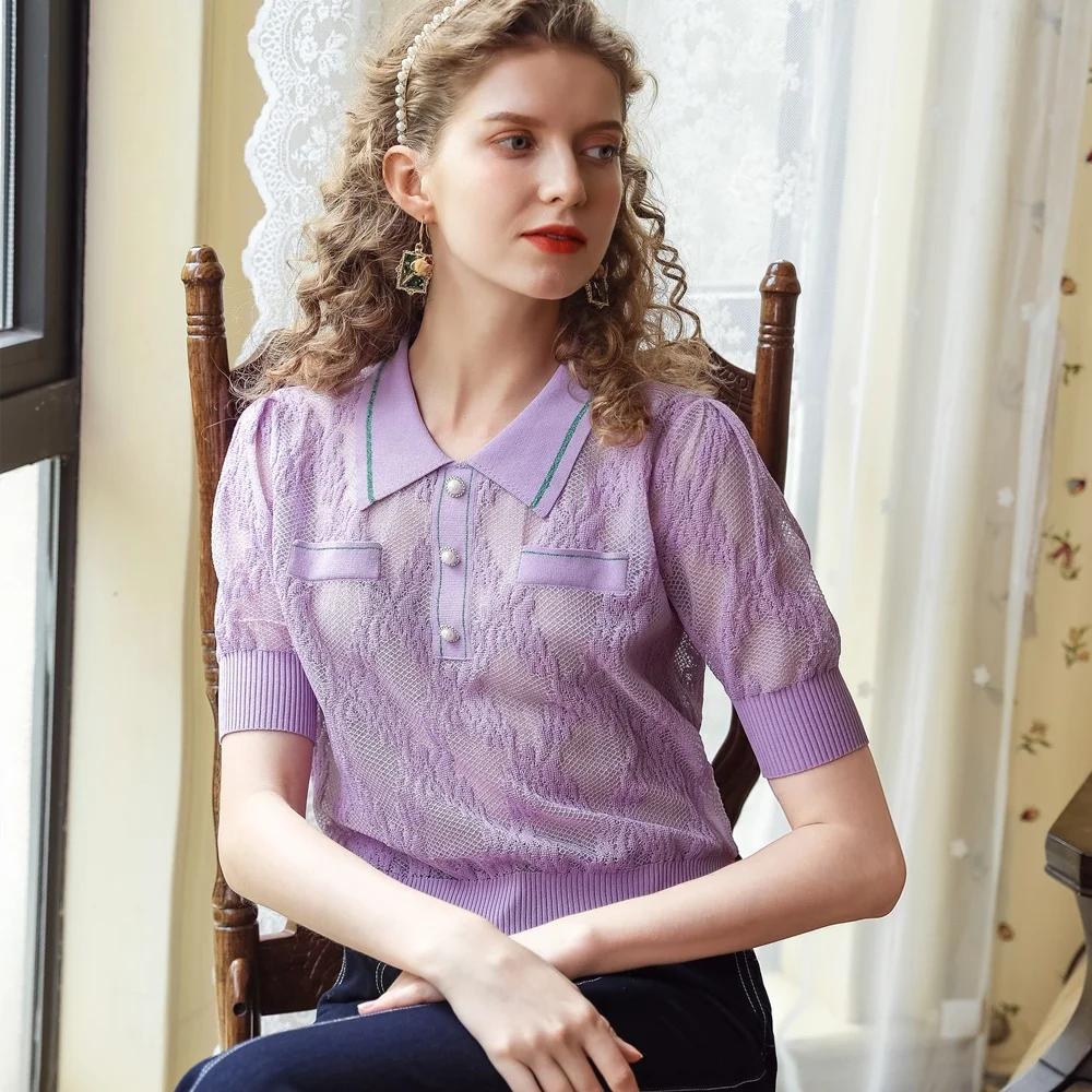 Womens Short Sleeve Knitted Blouse Mesh Baggy Casual Purple Contrast Turndown Colla Pullover Tops