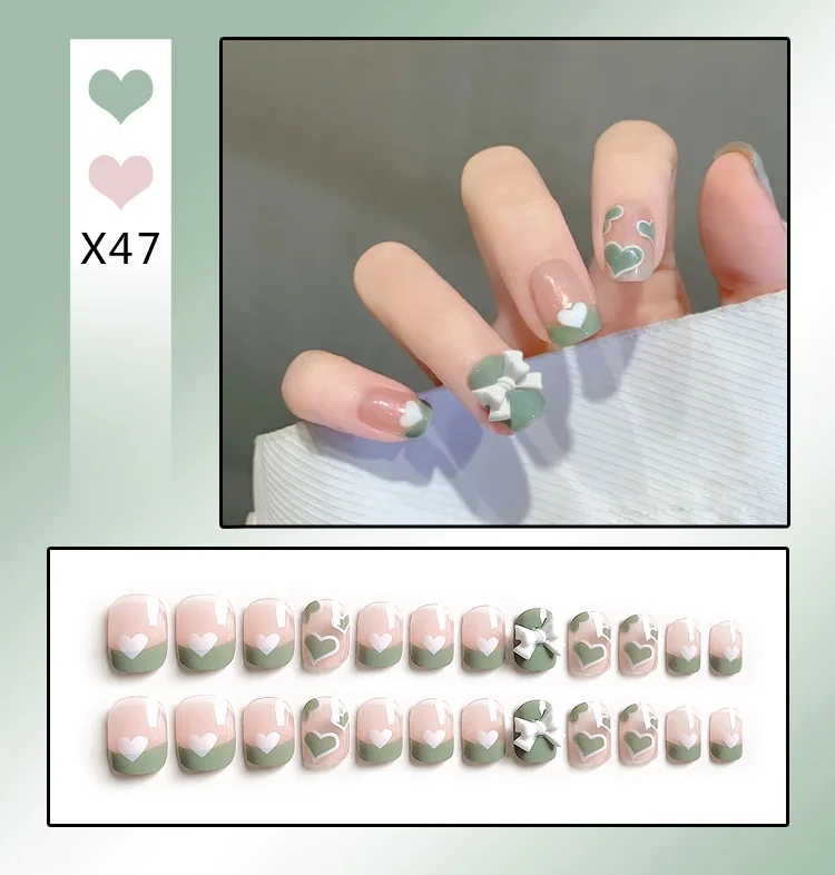 X46 24 pieces package of fake nails, gentle bean paste bow, removable and reusable nail art press on nails