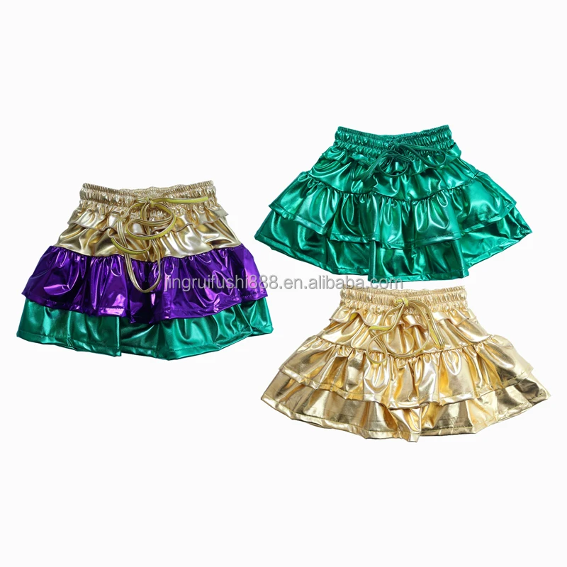 Customized OEM Party Design Metallic Pu Leather Material Baby Girls Skirts Kids Elastic Waist Ruffle Skirt