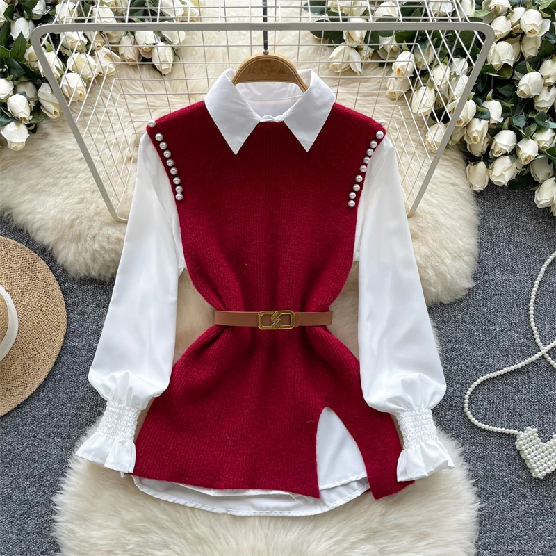 Beaded Split Knitted Vest +Long-sleeved Shirt 2-piece suit Elegant White Shirt With Sweater Vest Two-piece Set For Women