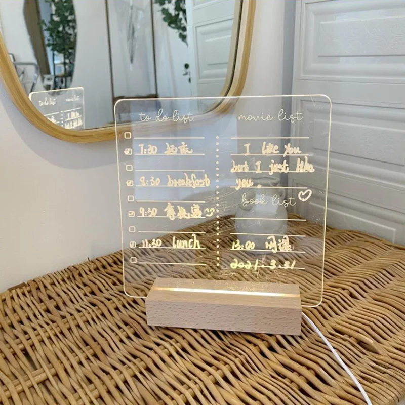 Hot Sale Blank Clear Desktop Note Memo Acrylic Dry Erase Colorful Led Light Up Board With Wooden Stand Acryl Message Board
