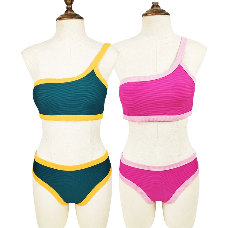 New arrival strapping swimsuit contrast binding full thong string tie cheeky bottoms bikini & beachwear
