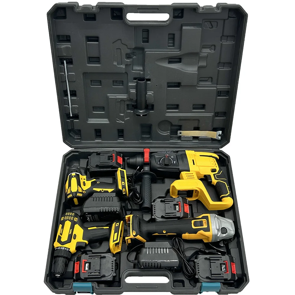 Blue and Yellow cordless power tools sets with 4 batteries 2 chargers 4 pcs machine