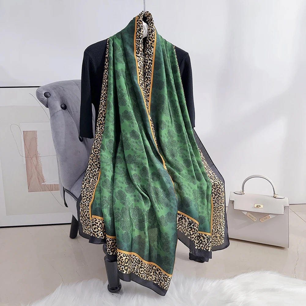 Wholesales 2024 Mature Leopard Frame Flower Silk Scarf Elegant Satin Shawl Casual Outdoor Sunscreen Windproof Head Wrap