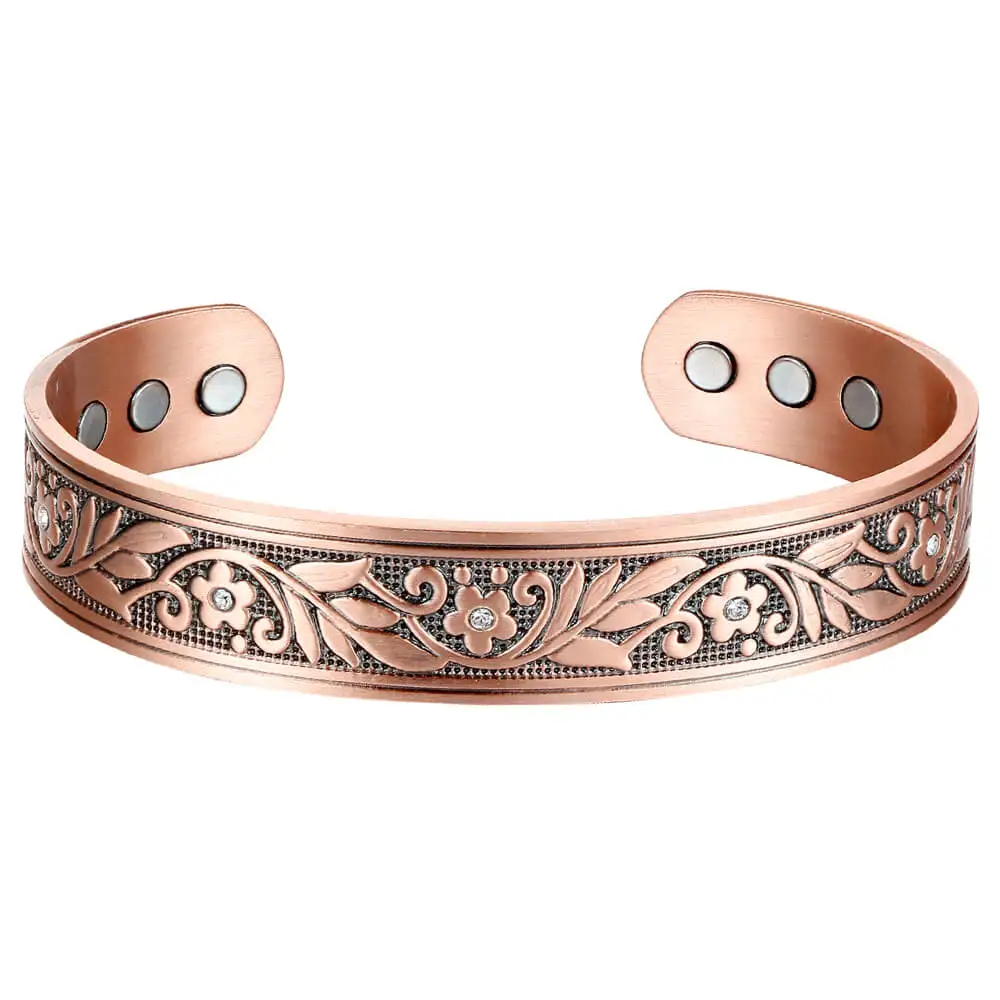 BioMagnetic Jewelry 15mm Men Copper Bangle Flower Pattern with Crystal Cuff Bracelet Wide Copper Magnetic Bracelet