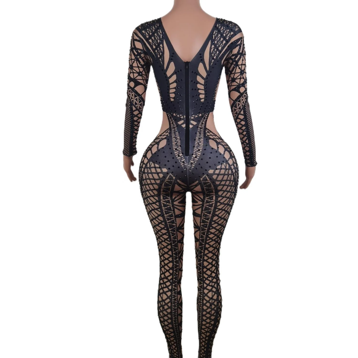 Sexy Long Sleeves Stretch Rompers Club Party Showgirl Pole Dance Leotard Female One Piece Bodysuit Women Rhinestone Jumpsuit