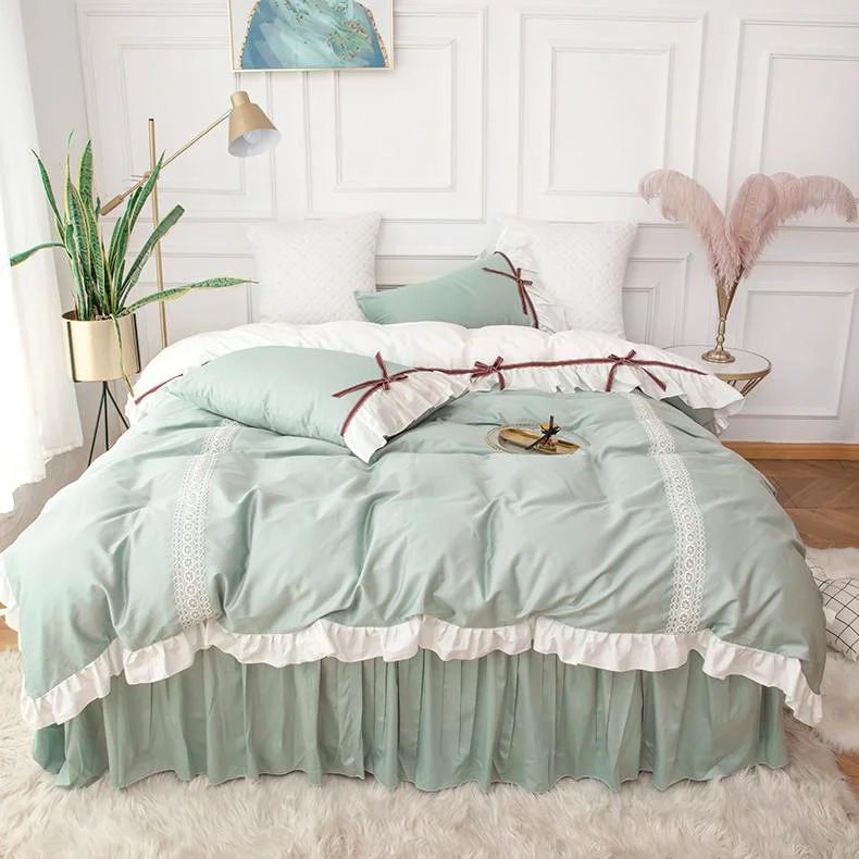 Princess Style Bedding Light Luxury Suit Lace Quilt Cover Sheet Four - piece Girl Heart Cotton Pure Cotton Bed Skirt Bedding AB