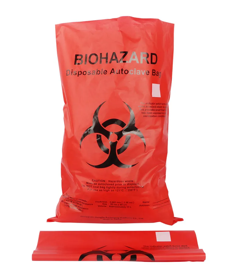 Large red autoclave medical biohazard waste bags disposal