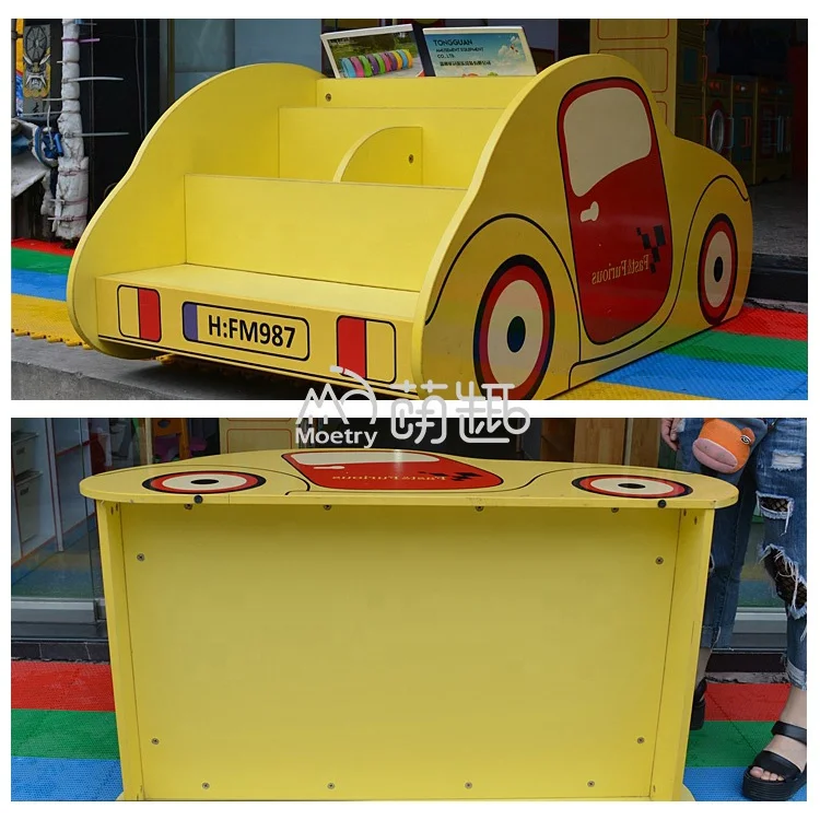 Moetry Car Shape Nursery Preschool Book Shelf Cartoon Wooden Kids Reading Center Bookshelf