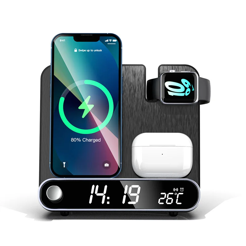 3 in 1 wireless charger clock led display qi 15w fast charge digital alarm clock wireless charger