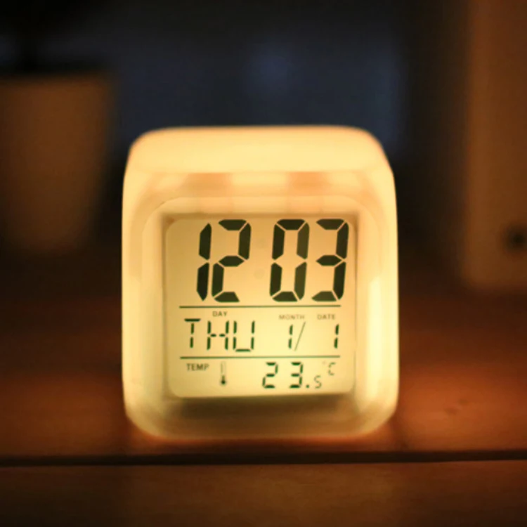 7 Colour LED Color Change Digital Table Alarm Clock Thermometer Date Time Night Light