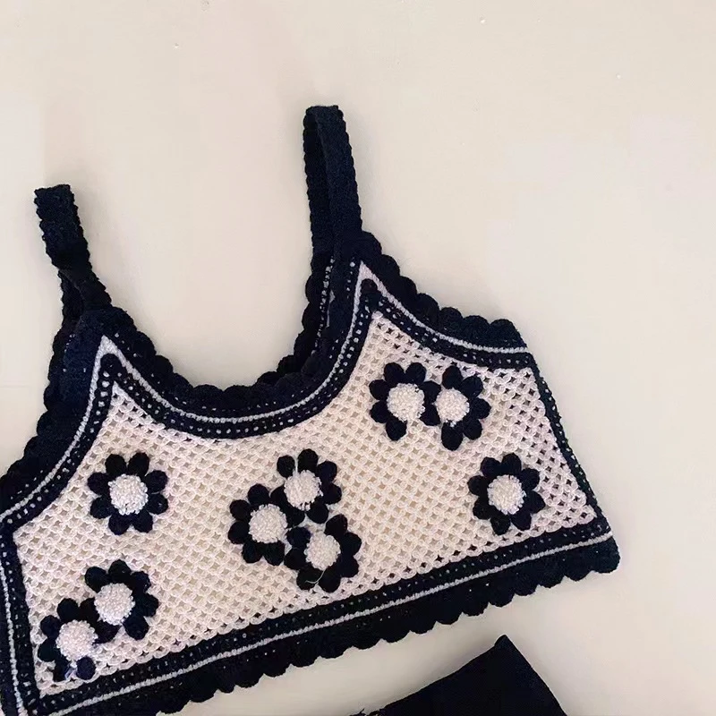 Summer new vintage crochet outerwear knit suit girls sweater vest net red openwork suspender short set