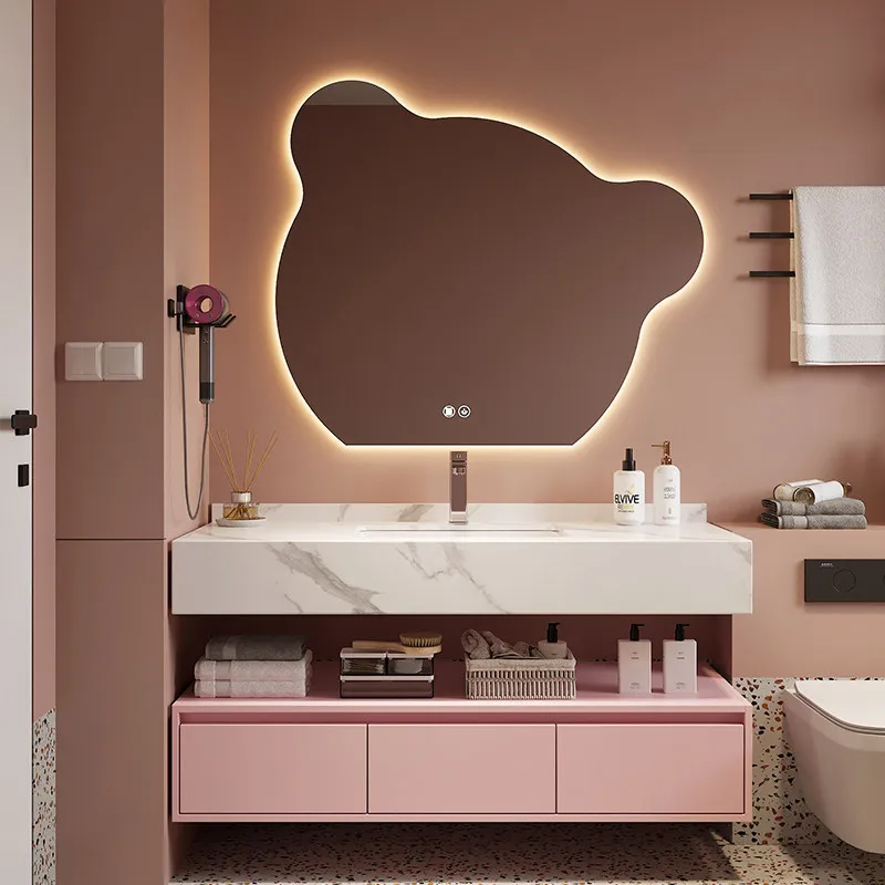 GUCI lovely pink little bear smart mirror bathroom cabinet wall hung mounted sintered stone vanity