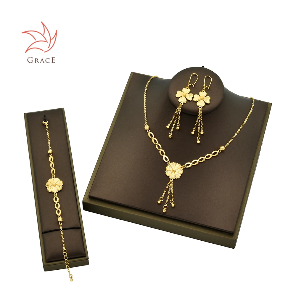 Factory Price 24K Gold Plate Necklace/Earrings/Bracelet Indian Woman Italian Gold Bridal Jewellery Set